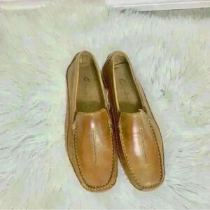 Clarks England cognac camel tan driving loafers shoes sz 8.5 m